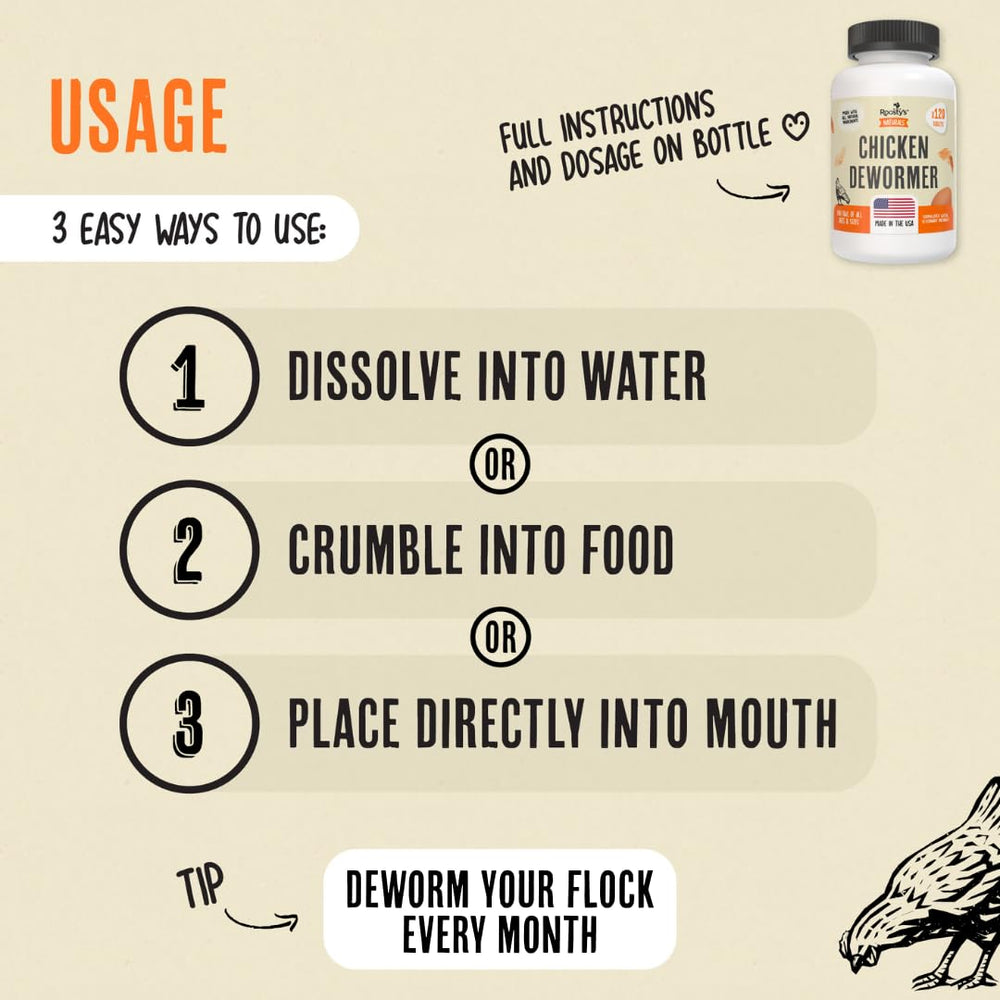 Roosty's Naturals De-Wormer ingredients highlight natural formulation for poultry.