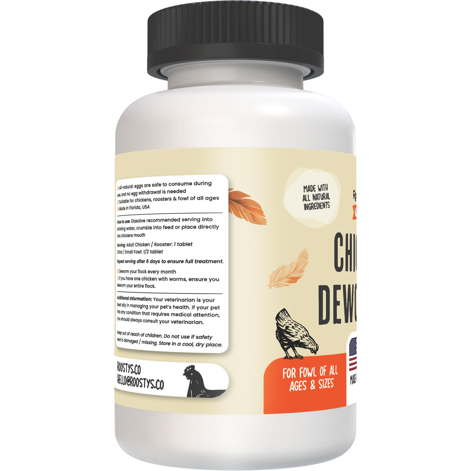 Roosty's Naturals De-Wormer packaging designed for storage in a coop.