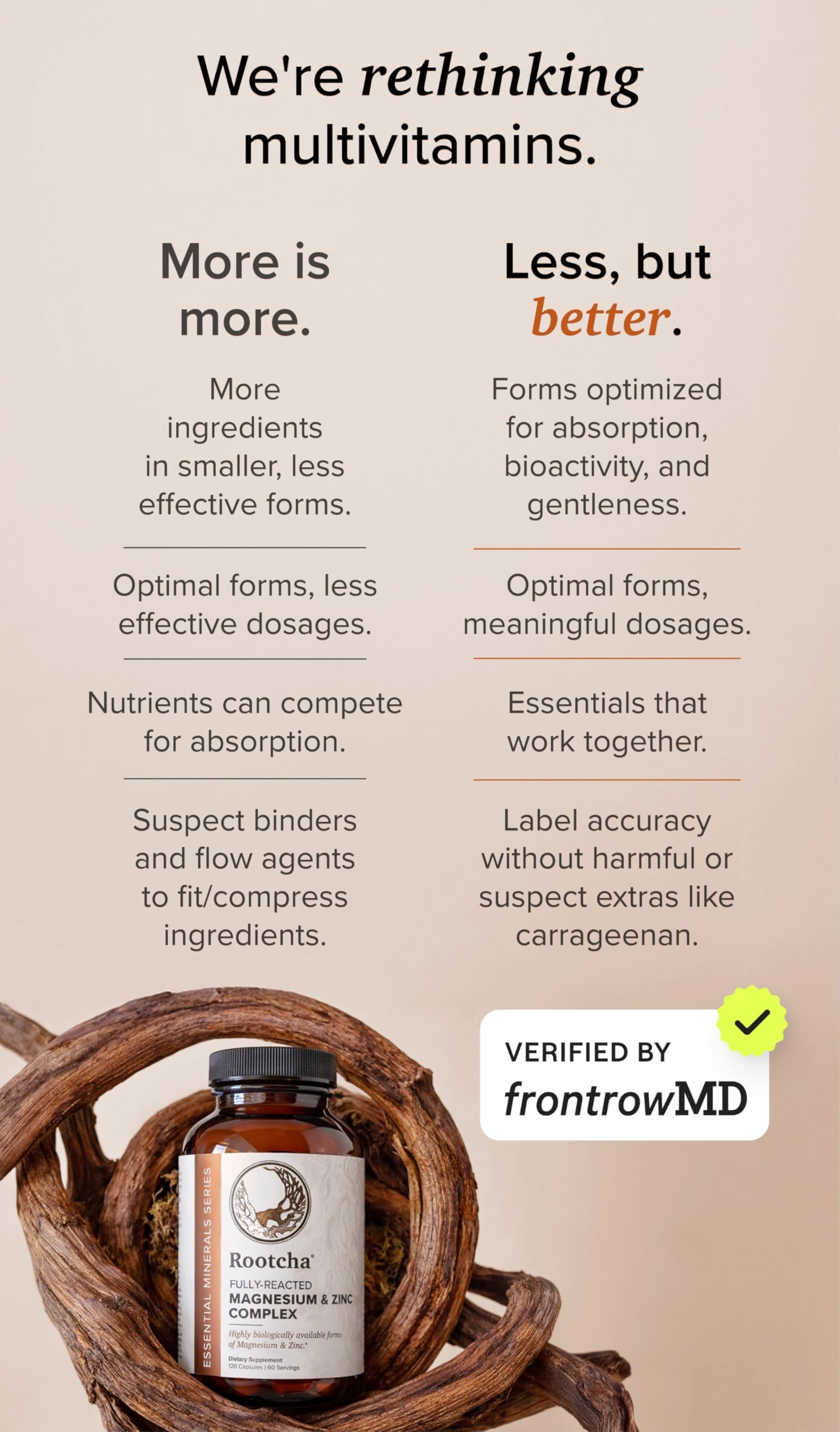 Rootcha clean-label packaging highlighting non-GMO and vegan-friendly formulation