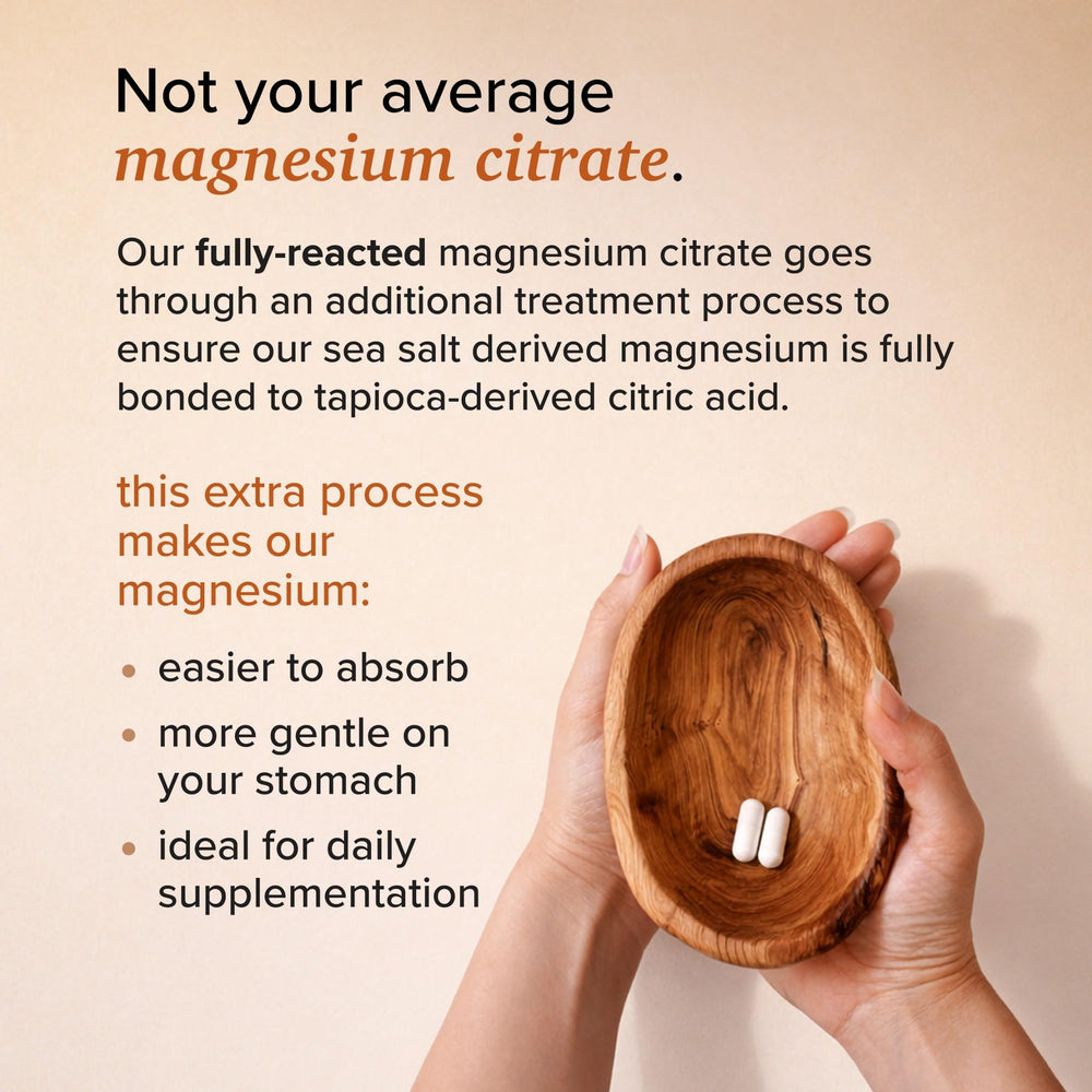 Rootcha fully-reacted magnesium absorption close-up highlights easy-to-swallow capsules