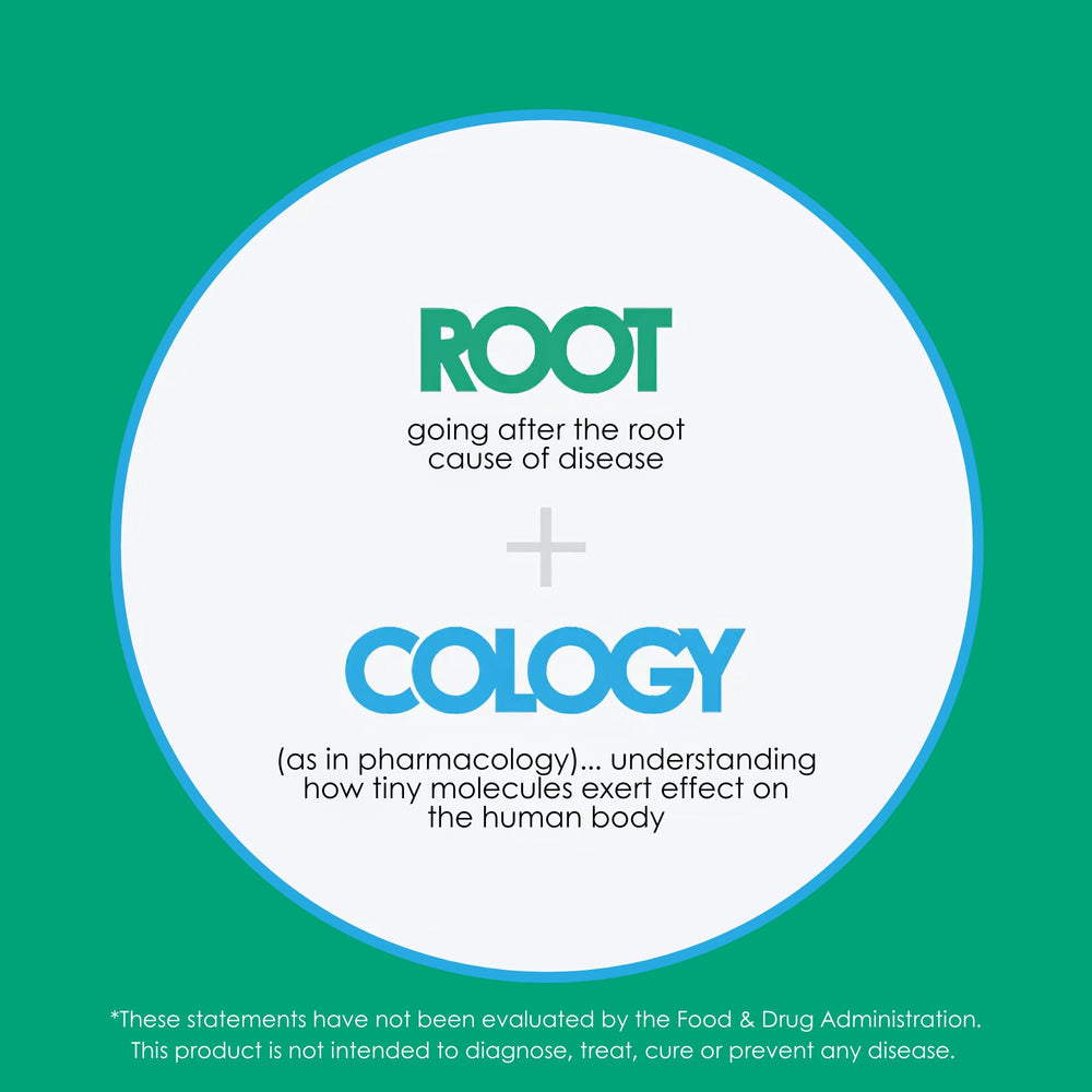 Rootcology ingredient chart visual communicates immune and cognitive support potential.