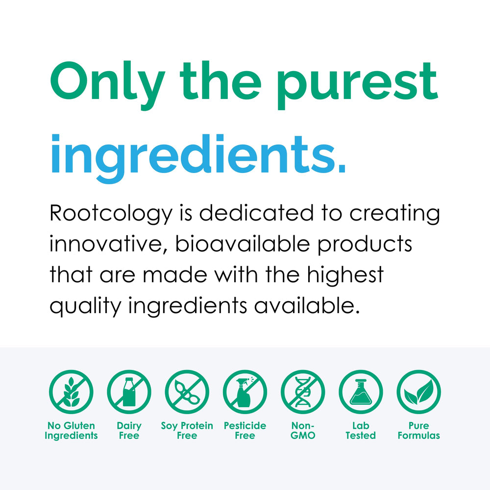 Rootcology label close-up communicates gluten-free and allergen-free attributes for sensitive readers.