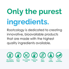 Rootcology label close-up communicates gluten-free and allergen-free attributes for sensitive readers.