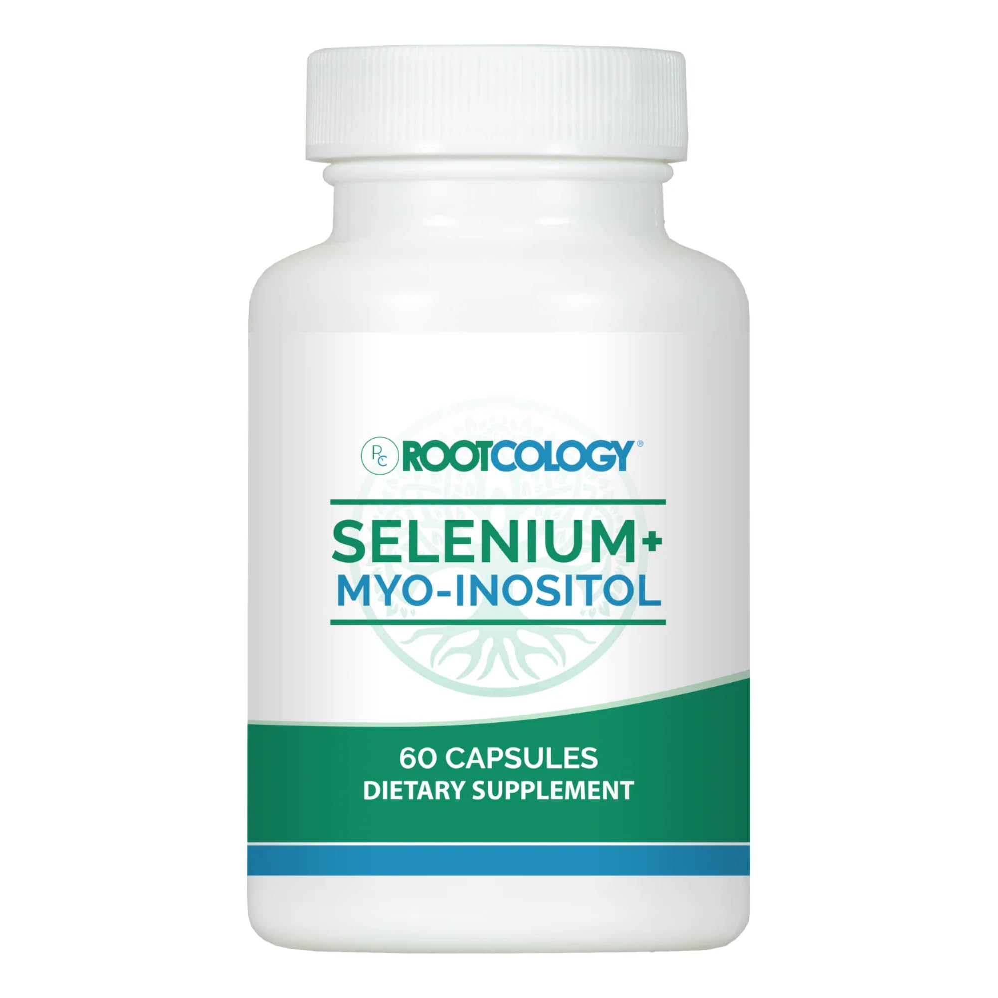 Rootcology selenium-myo-inositol bottle suggests hormonal balance support for daily wellness.