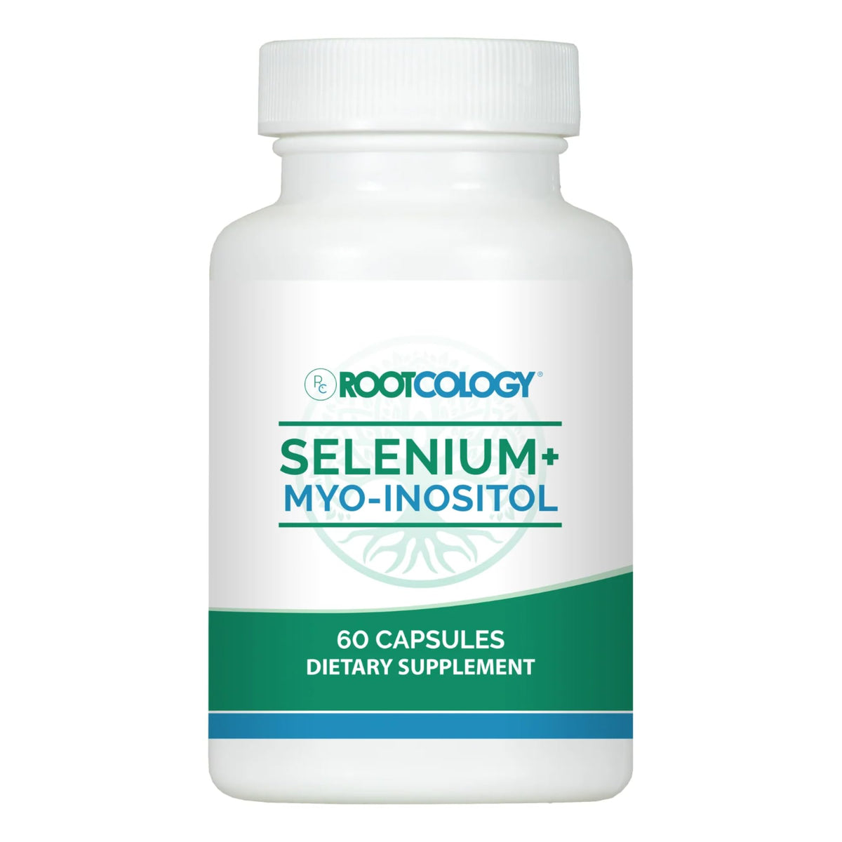 Rootcology selenium-myo-inositol bottle suggests hormonal balance support for daily wellness.