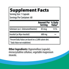 Rootcology selenium-myo-inositol capsules on label indicate gluten-free and non-GMO formula.