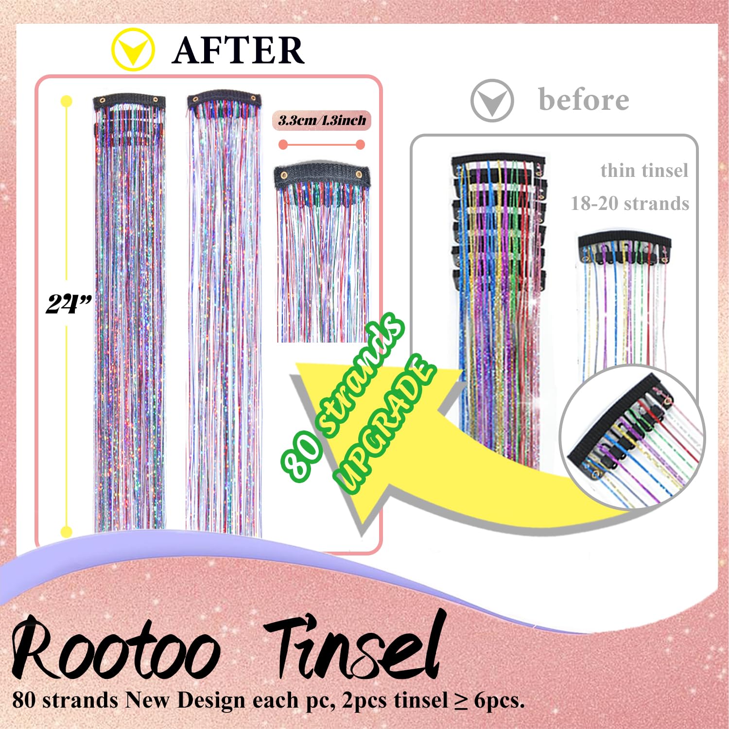 Rootoo 12-piece 24-inch holographic hair tinsel kit offers vibrant color options.