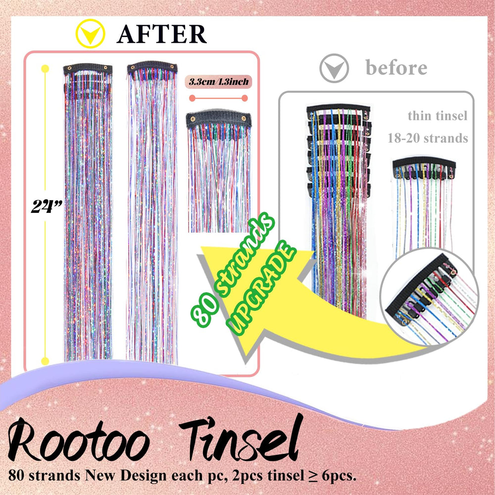 Rootoo 12-piece 24-inch holographic hair tinsel kit offers vibrant color options.