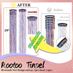 Rootoo 12-piece 24-inch holographic hair tinsel kit offers vibrant color options.