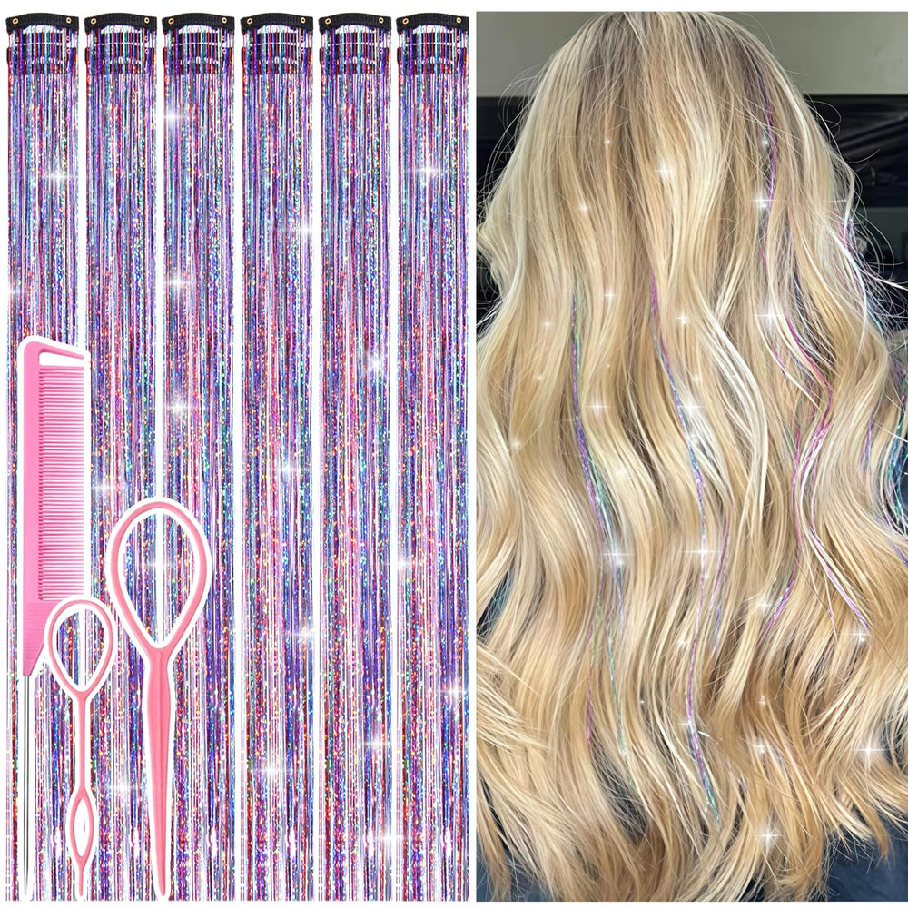 Rootoo Dreamy Colorful Fairy Hair Tinsel Kit clip-in adds radiant sparkle for festivals.