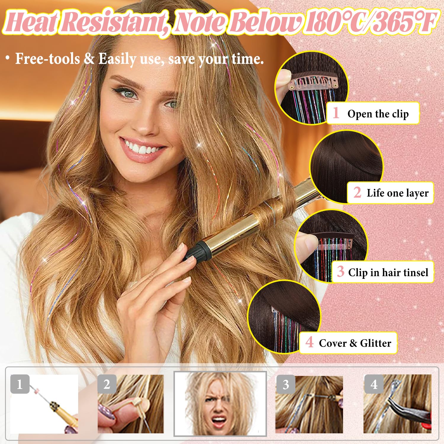 Rootoo Sparkle hair tinsel strands clip-in heat-ready up to 356°F.