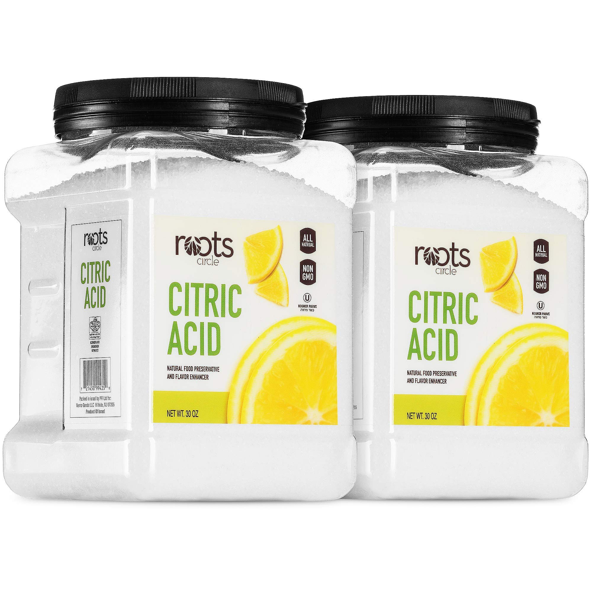 Roots Circle all-natural citric acid 2-pack packaging shot, ideal for cooking and household cleaning.