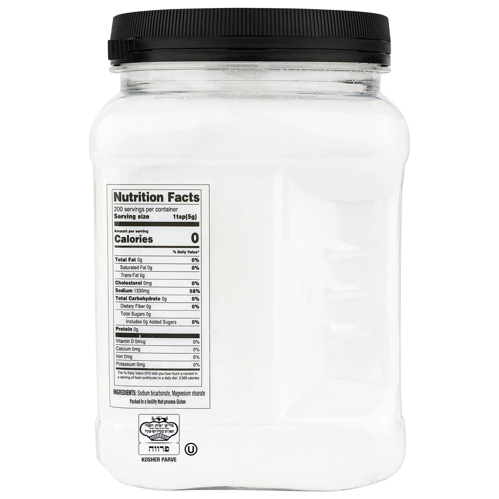 Roots Circle Baking Soda bulk container with open label highlighting purity for reliable baking