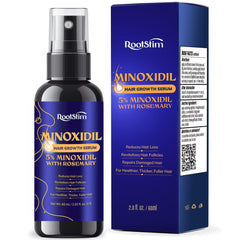 RootStim 5% Minoxidil bottle, applying drops on scalp to support targeted growth
