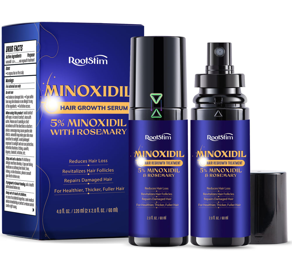 RootStim 5% Minoxidil bottle for targeted scalp treatment and fuller-looking hair