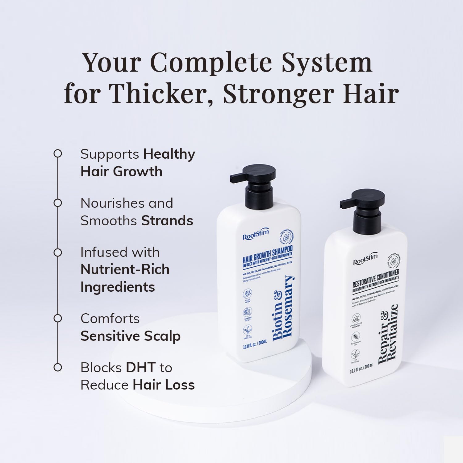 RootStim Hair Growth Conditioner bottle demonstrates detangling and volumizing care.