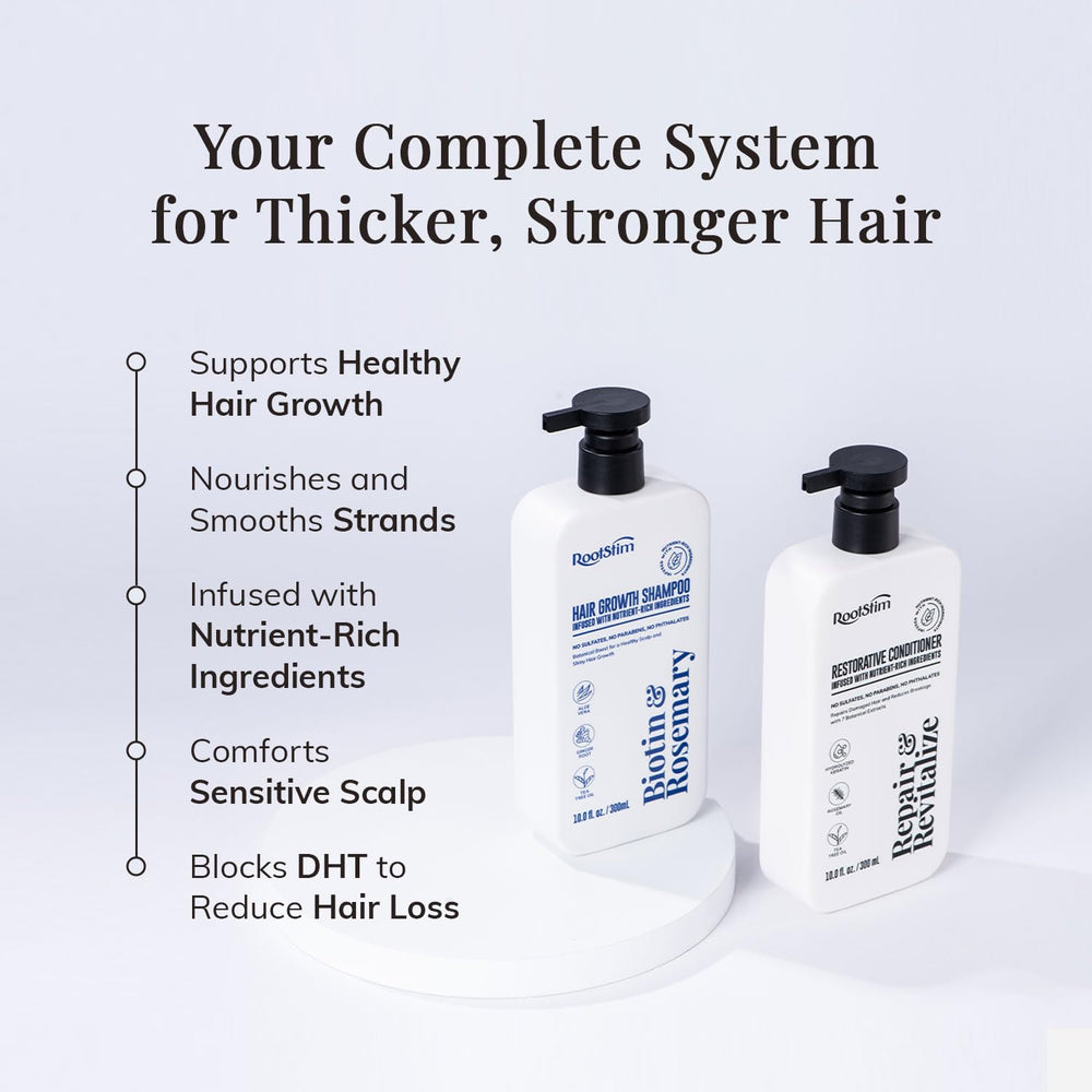 RootStim Hair Growth Conditioner bottle demonstrates detangling and volumizing care.