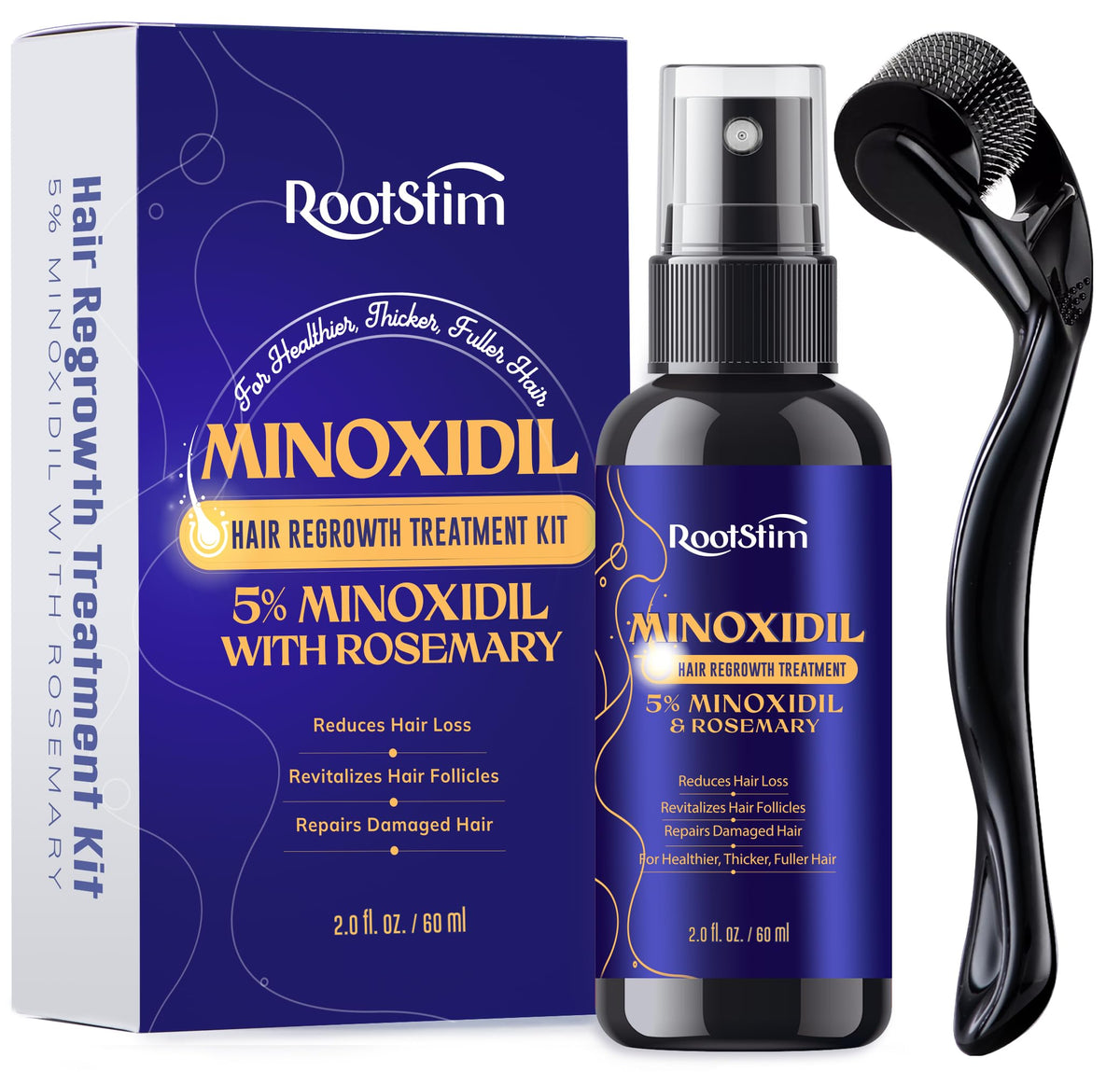 RootStim Minoxidil bottle with rosemary for 2 oz spray, supporting healthier-looking hair