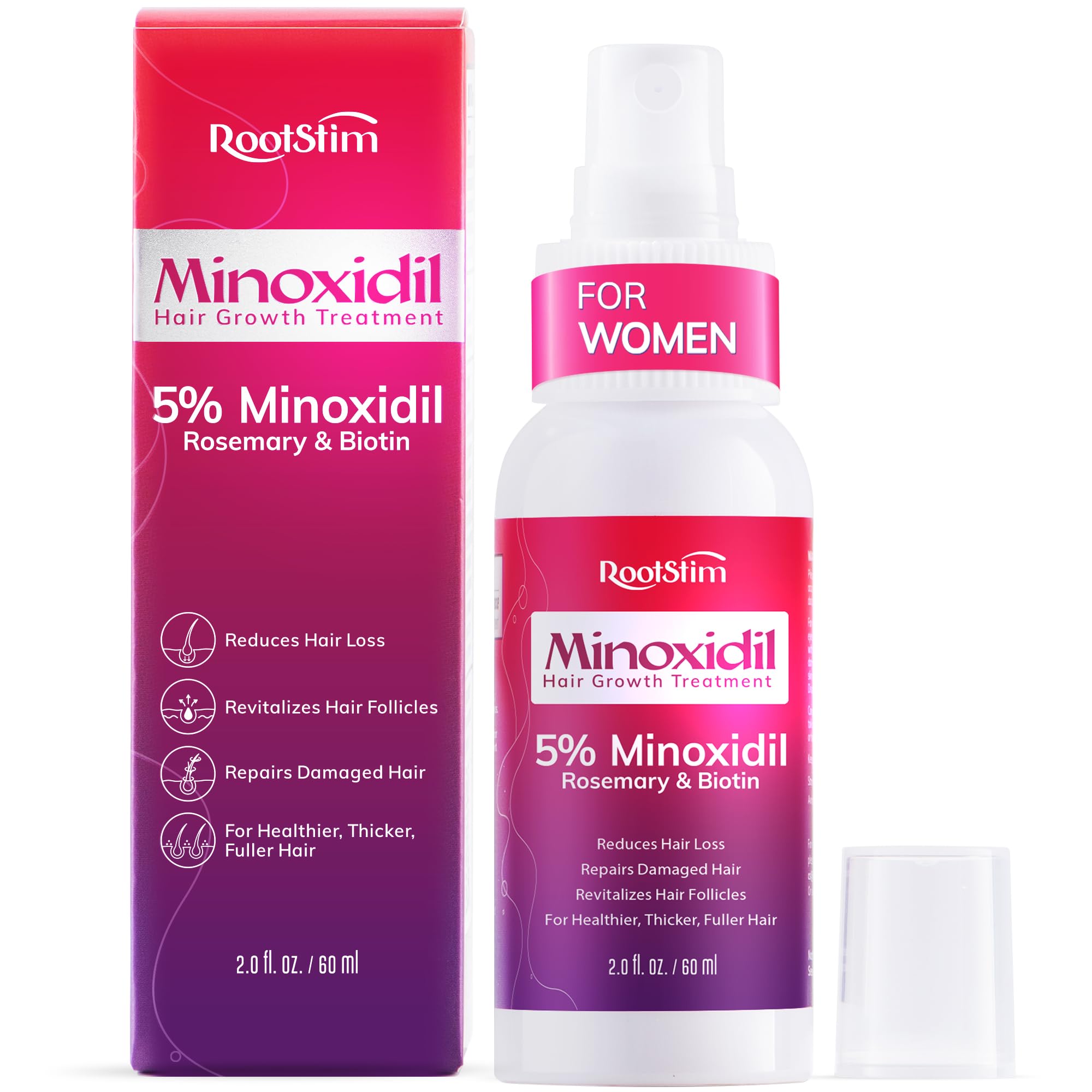 RootStim minoxidil bottle 2oz shown for convenient daily use on thinning areas