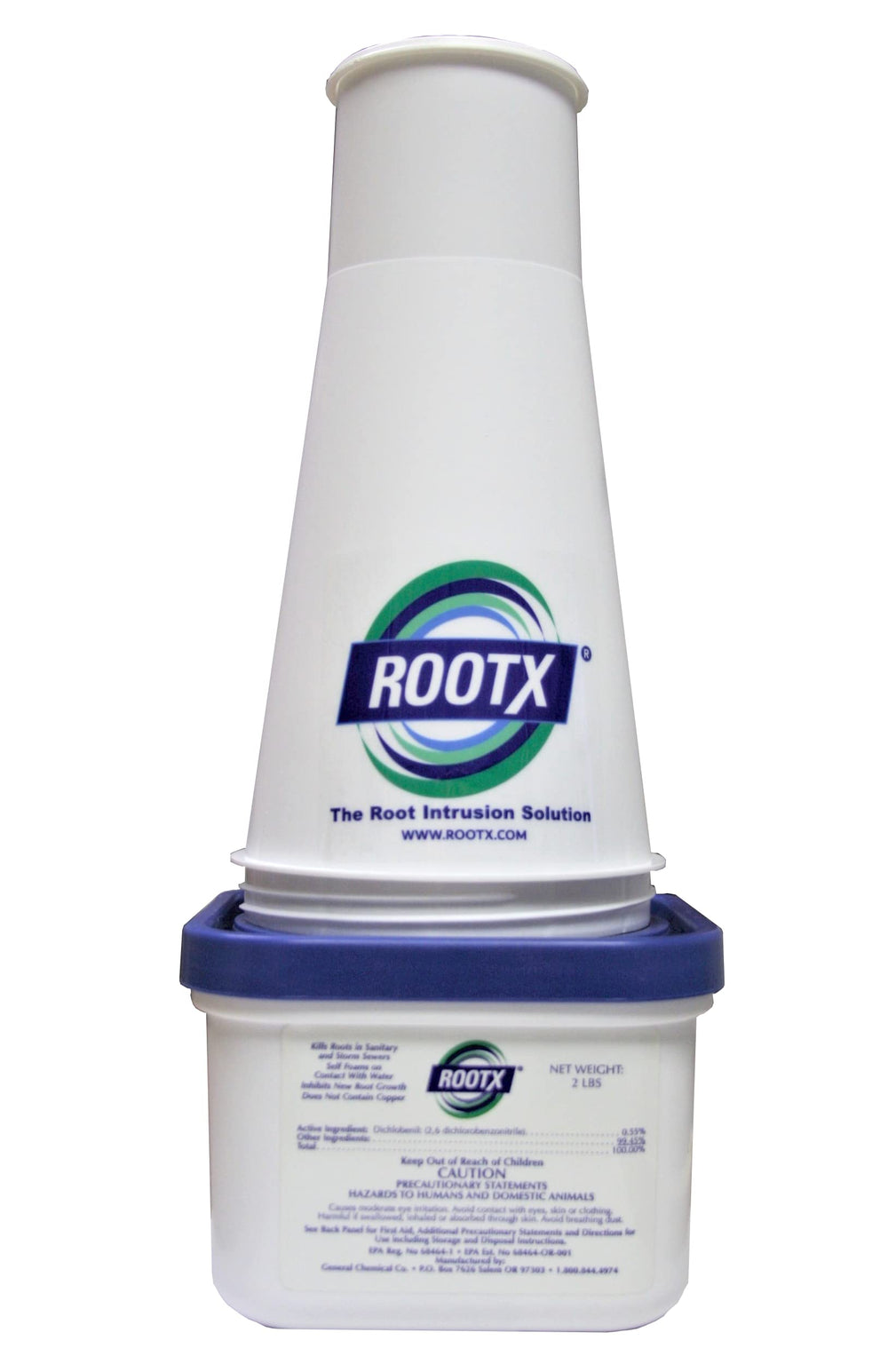 RootX 2lb jar with funnel applicator ready for root control treatment.