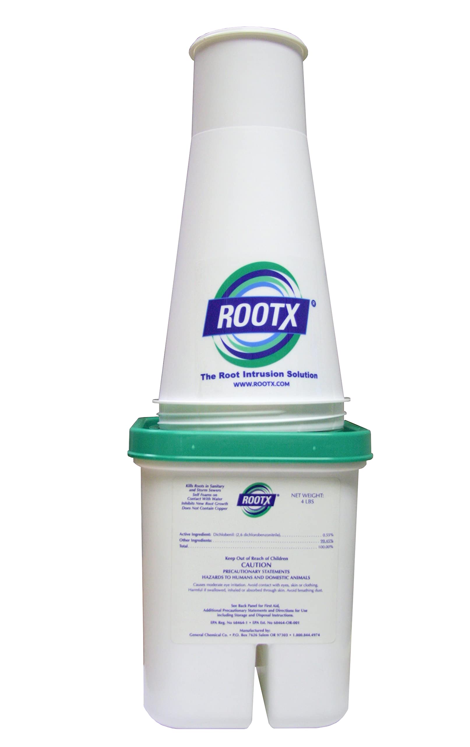 RootX foaming root-control jar ready for use in pipelines to slow root intrusion.