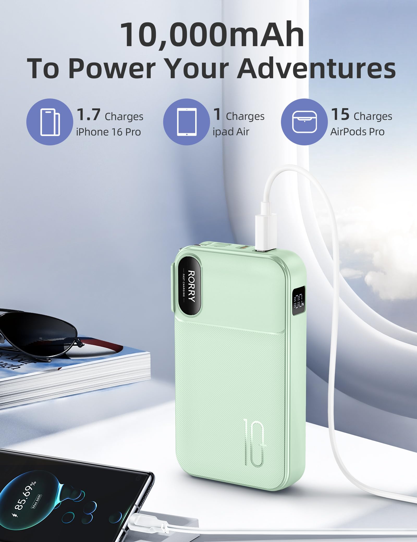 RORRY 10000mAh capacity fits in your palm for reliable daily power.