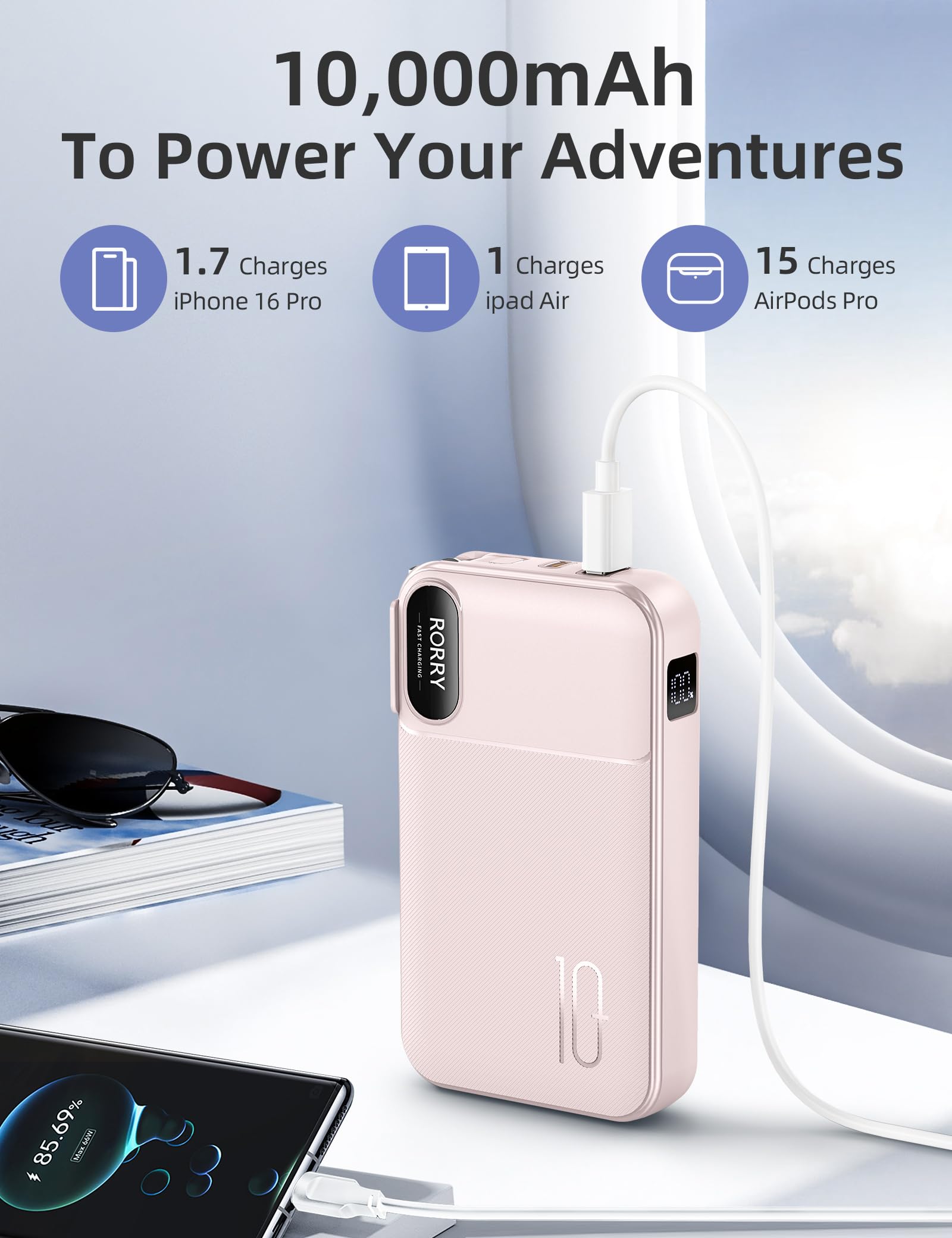 RORRY 10000mAh compact design fits in pocket for travel.