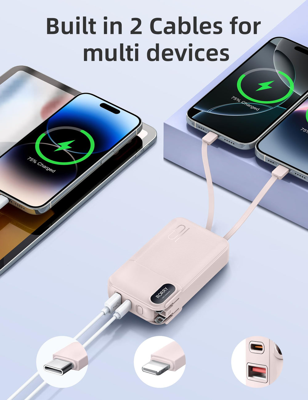 RORRY 22.5W fast charging powers iPhone and other devices quickly.
