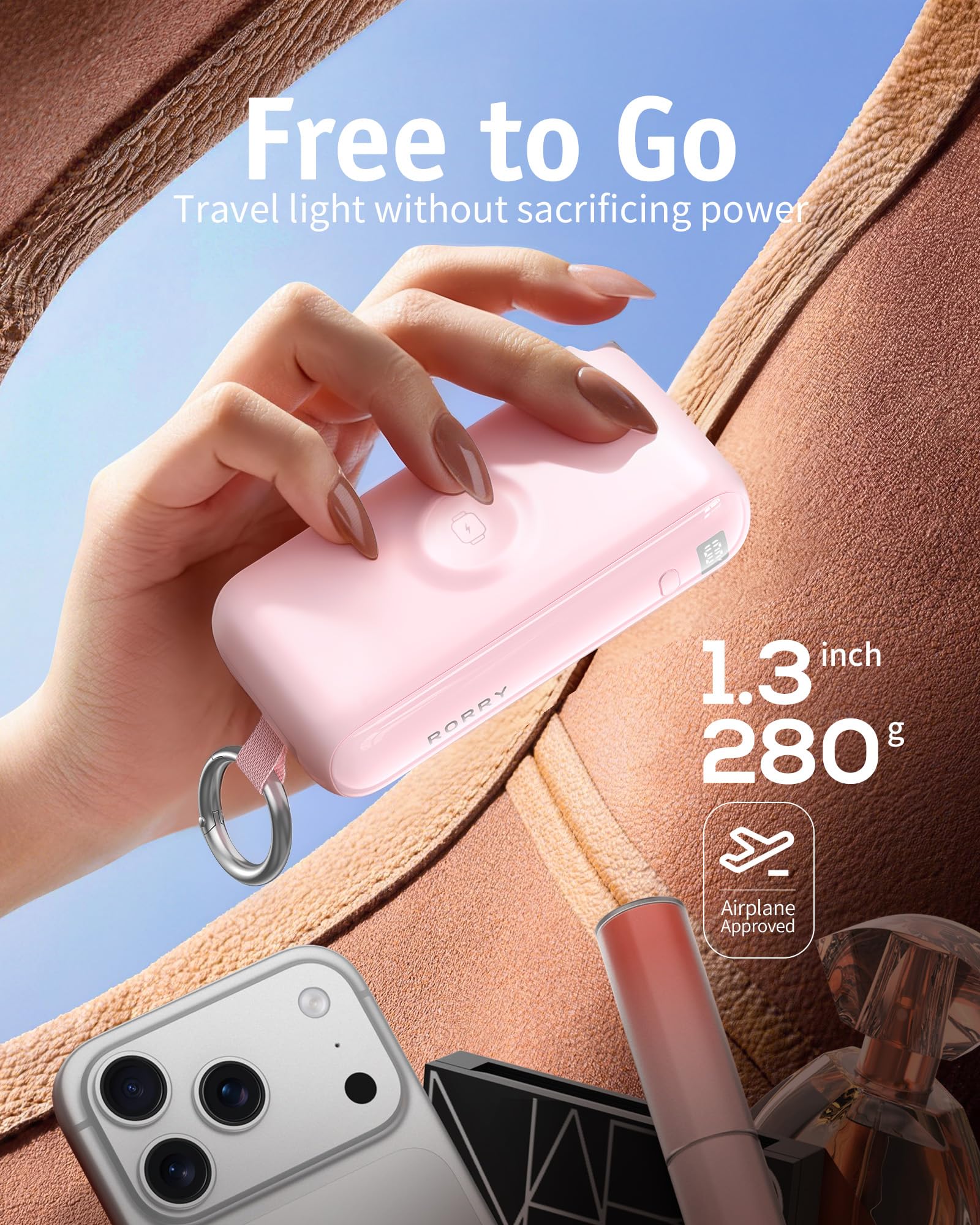 RORRY Flow built-in USB-C cable ready for on-the-go charging.