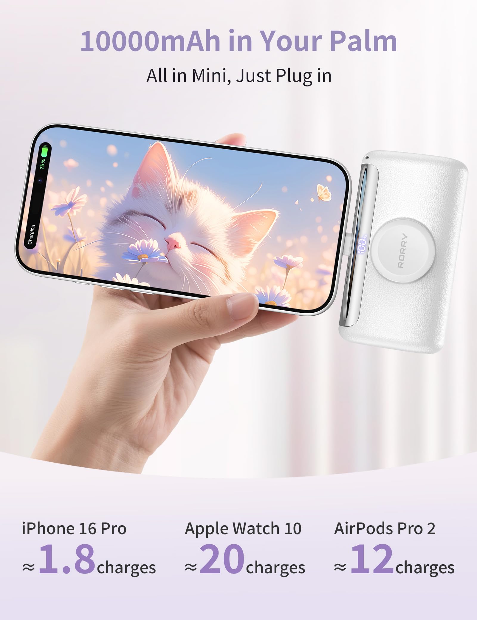 RORRY PalmGo 10000mAh capacity powers iPhone and Apple Watch during travel.