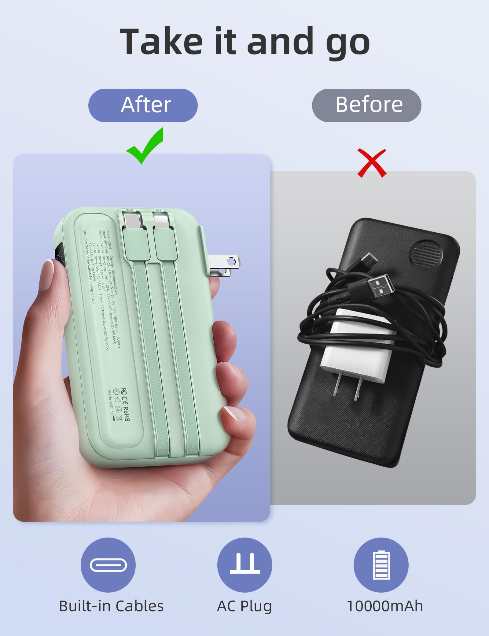 RORRY compact charger with AC wall plug recharges directly from outlets, no extra adapters needed.