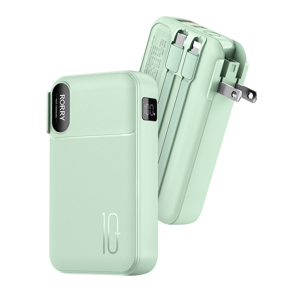 RORRY portable charger with built-in USB-C and Lightning cables for on-the-go charging.