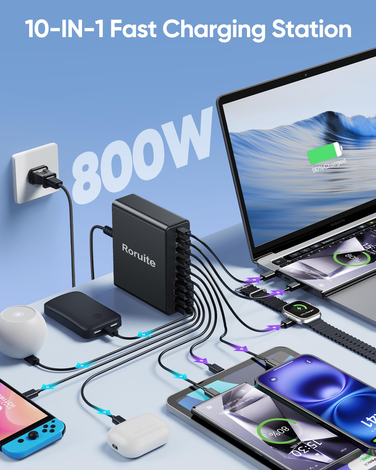 Roruite 10-port hub with side ports keeps workspace organized during charging