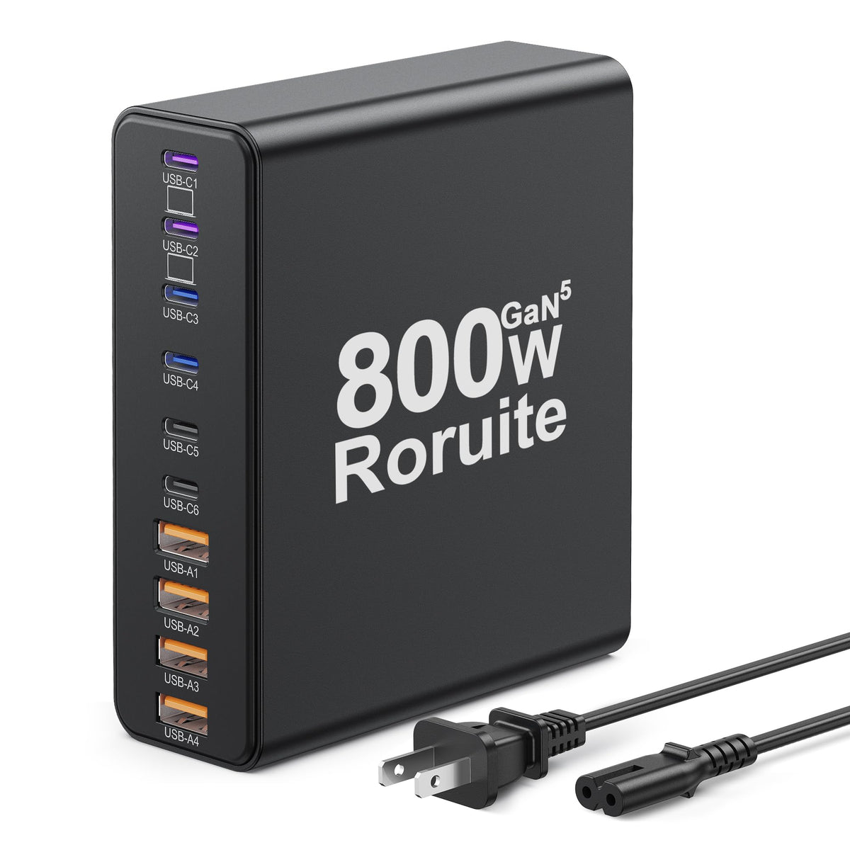 Roruite 800W USB-C charging station front view powering multiple devices efficiently