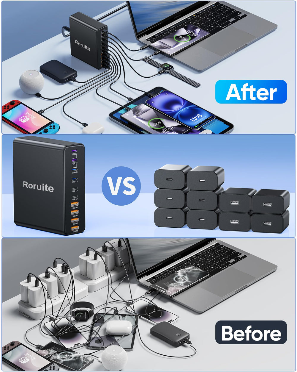 Roruite package includes power cord and user manual for easy setup