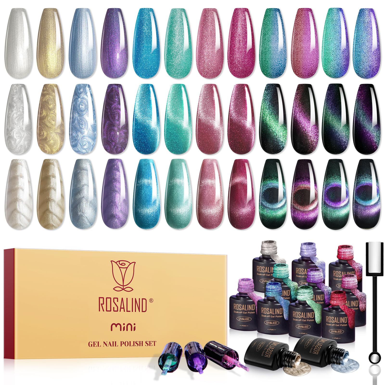 ROSALIND cat eye magnet kit for customizable nail art with swirl effects.