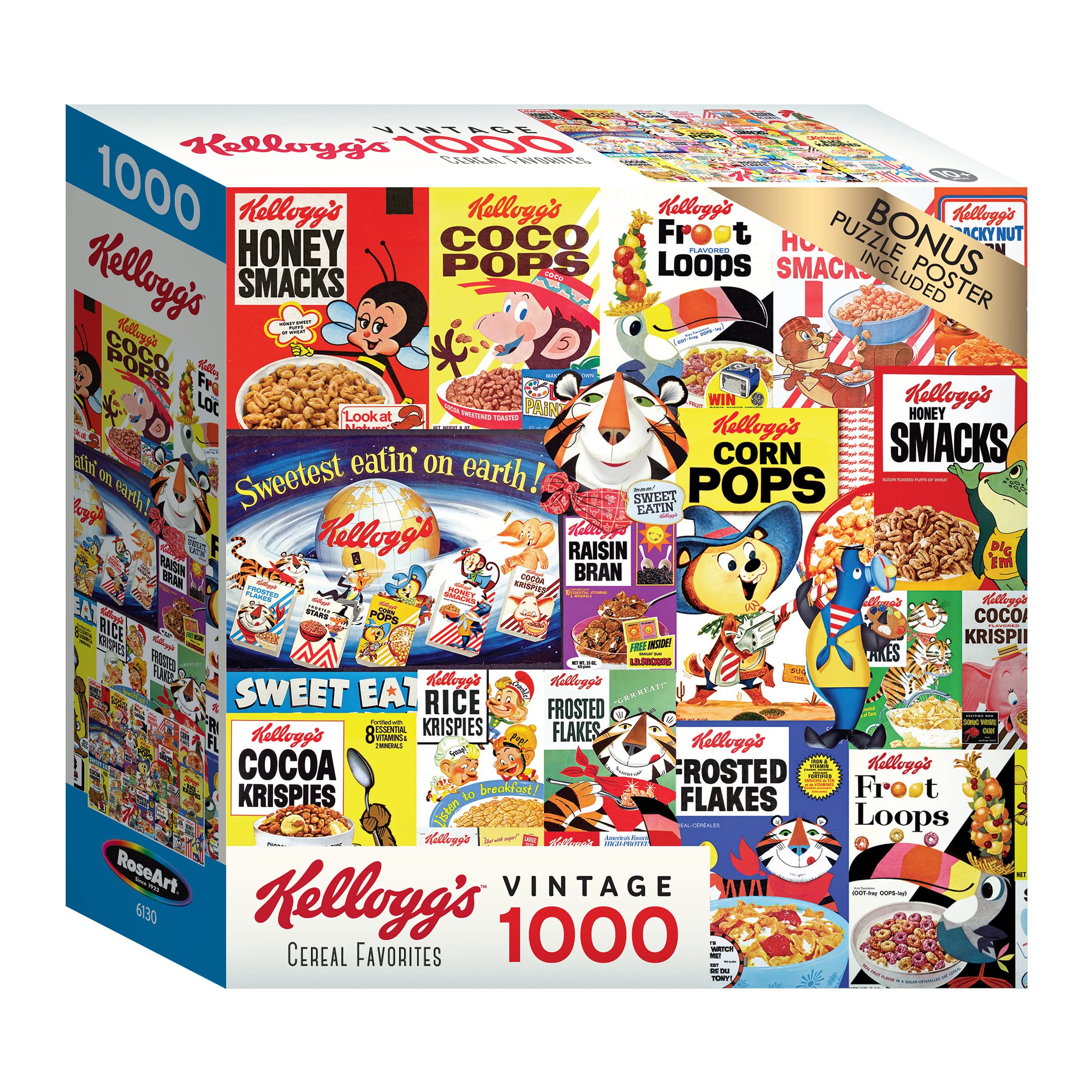 RoseArt Kellogg's Cereal Favorites collage close-up with colorful cereal box artwork