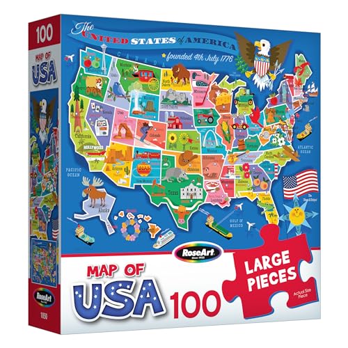 RoseArt USA map puzzle shows vibrant illustrations to help kids learn states visually