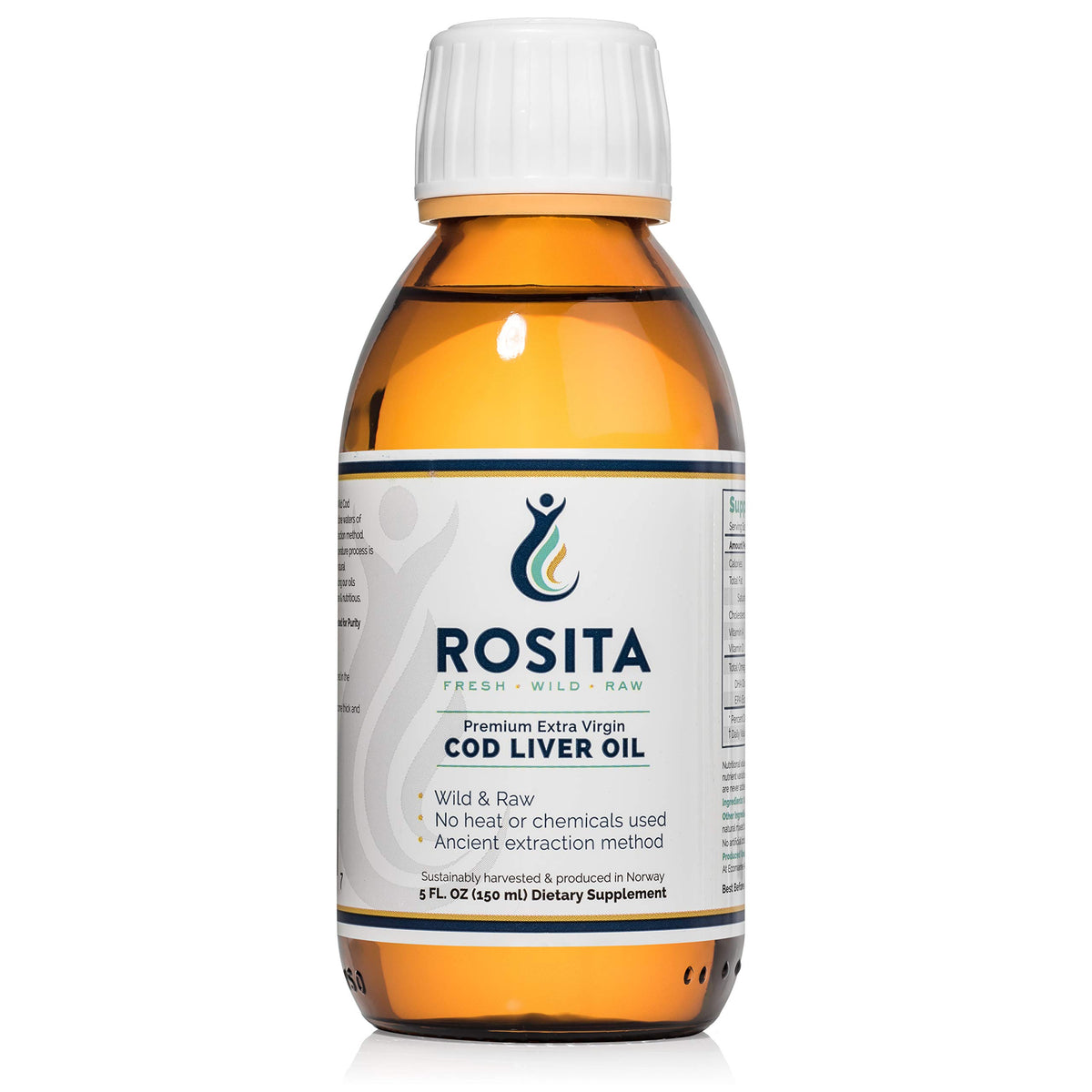Rosita Real Foods cod liver oil liquid bottle for daily wellness and nutrient support.