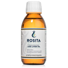 Rosita Real Foods cod liver oil liquid bottle for daily wellness and nutrient support.