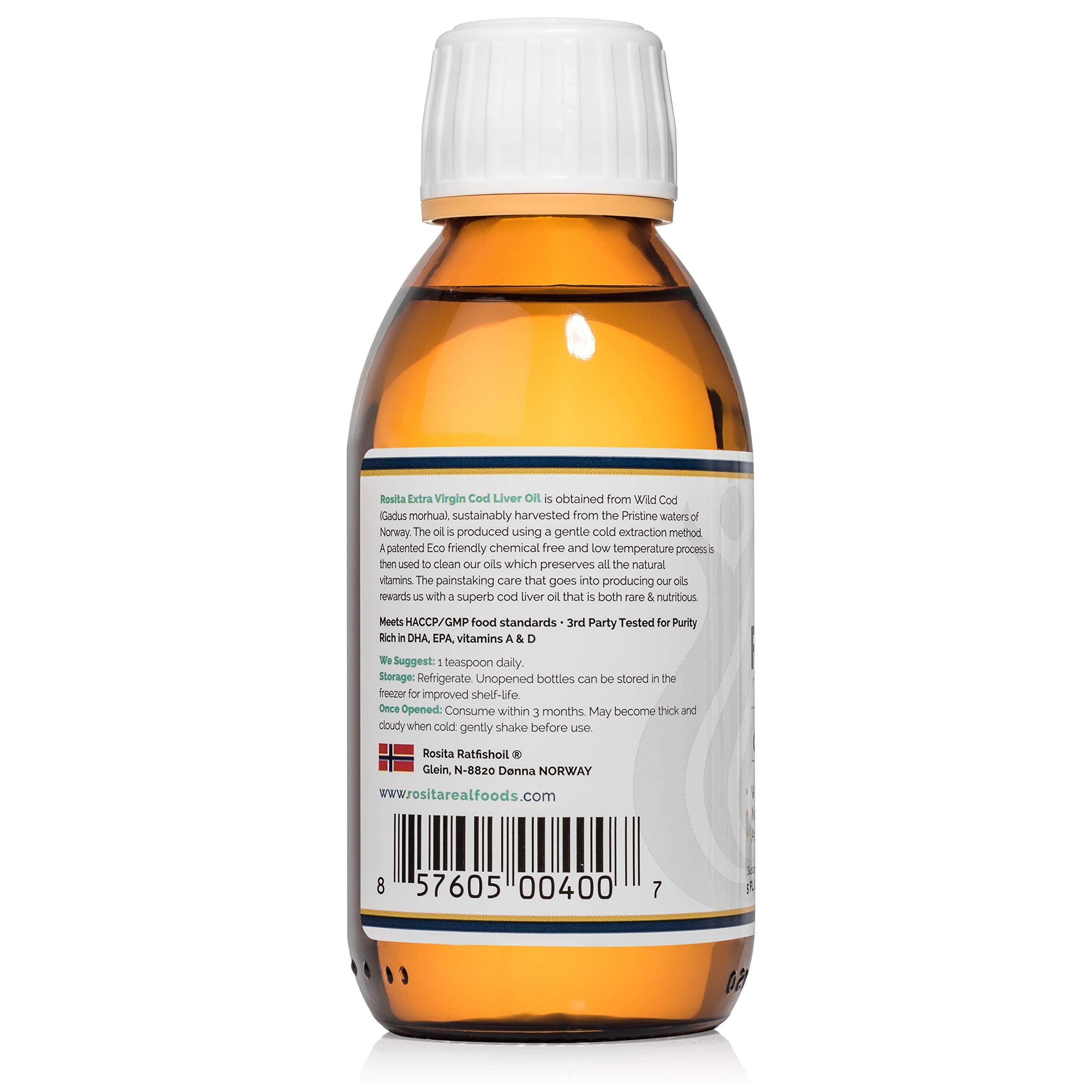 Rosita Real Foods cod liver oil liquid label highlights sustainable sourcing and testing.