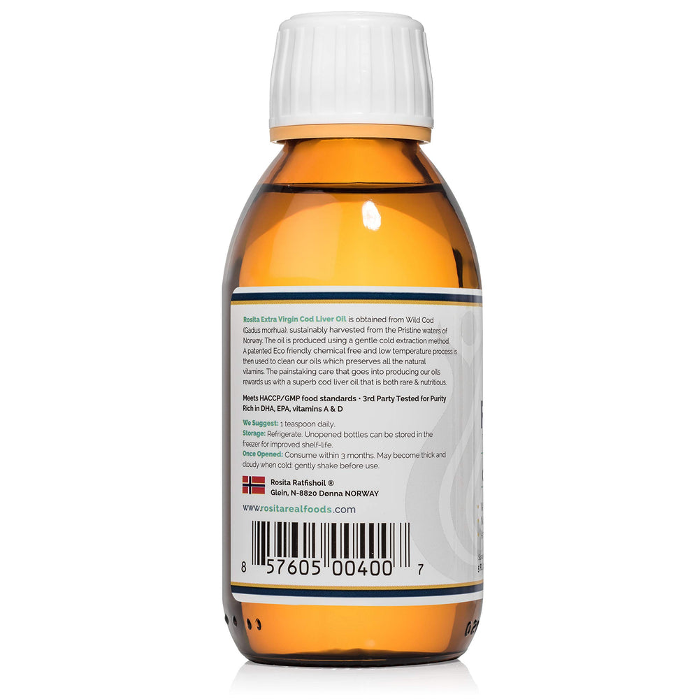 Rosita Real Foods cod liver oil liquid label highlights sustainable sourcing and testing.