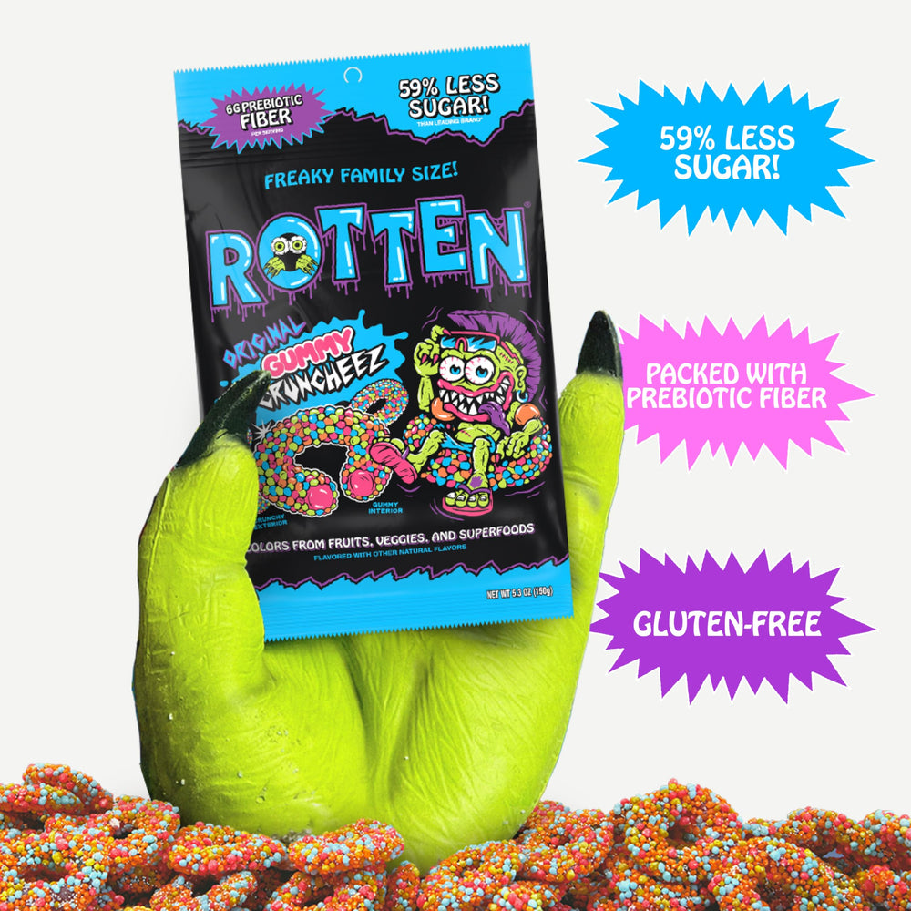Rotten Gummy Cruncheez ingredients list emphasizes natural colors and clean ingredients.