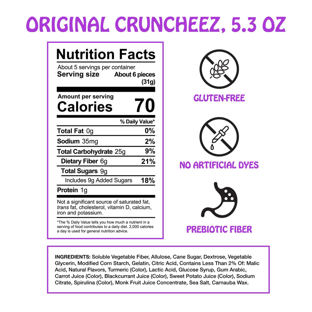 Rotten Gummy Cruncheez serving bowl displays 5g gut-friendly prebiotic fiber per serving.