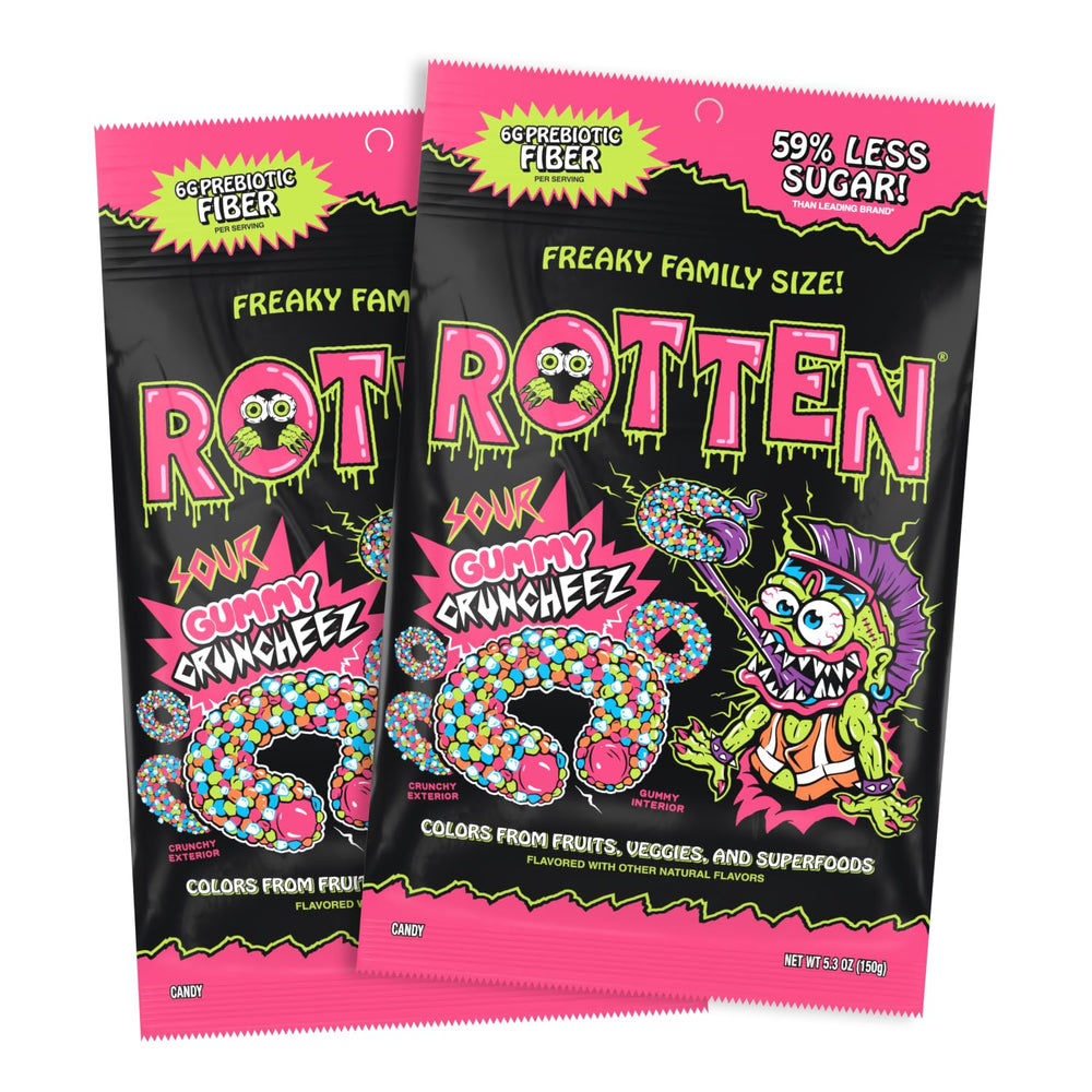 Rotten Sour Gummy Cruncheez pack front shows gluten-free, low-sugar candy with 5g prebiotic fiber