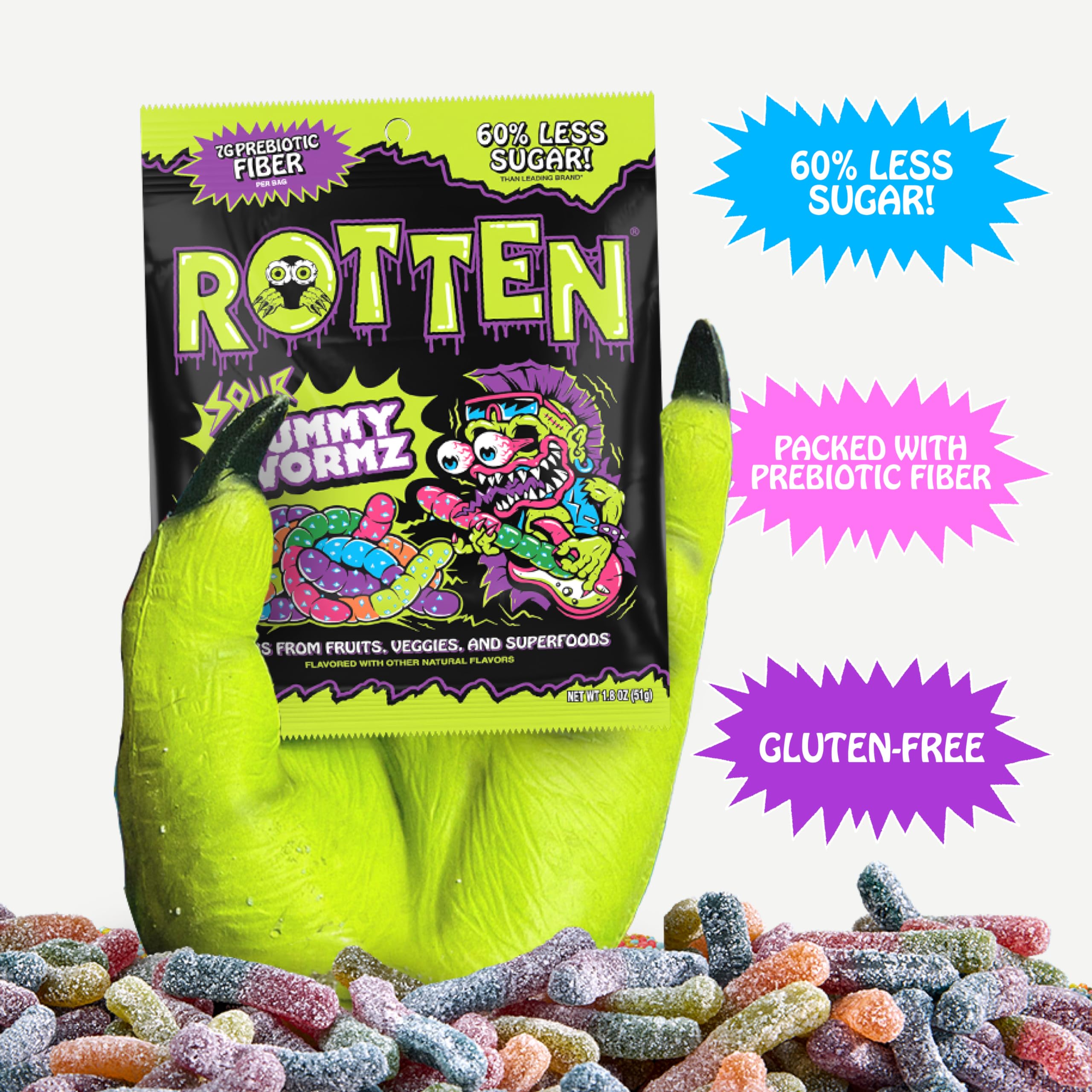 Rotten Sour Gummy Worms eight-pack display, convenient for sharing.