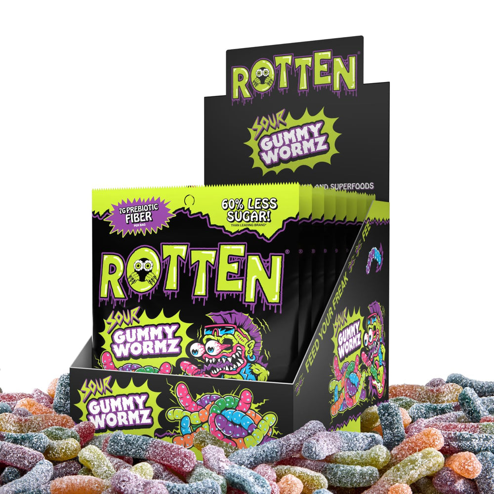 Rotten Sour Gummy Worms 8-pack front display, gluten-free candy with low sugar.