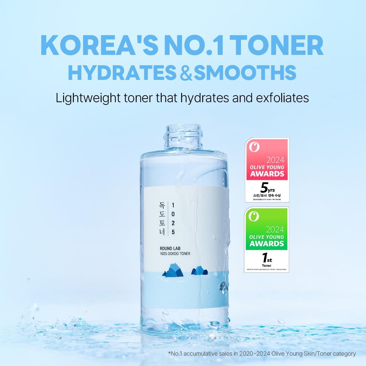 ROUND LAB 1025 Dokdo Toner bottle side emphasizes lightweight, non-sticky texture for daily use.