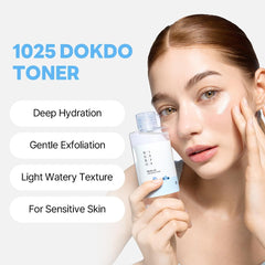 ROUND LAB 1025 Dokdo Toner liquid closeup highlights clear, refreshing water-type consistency.