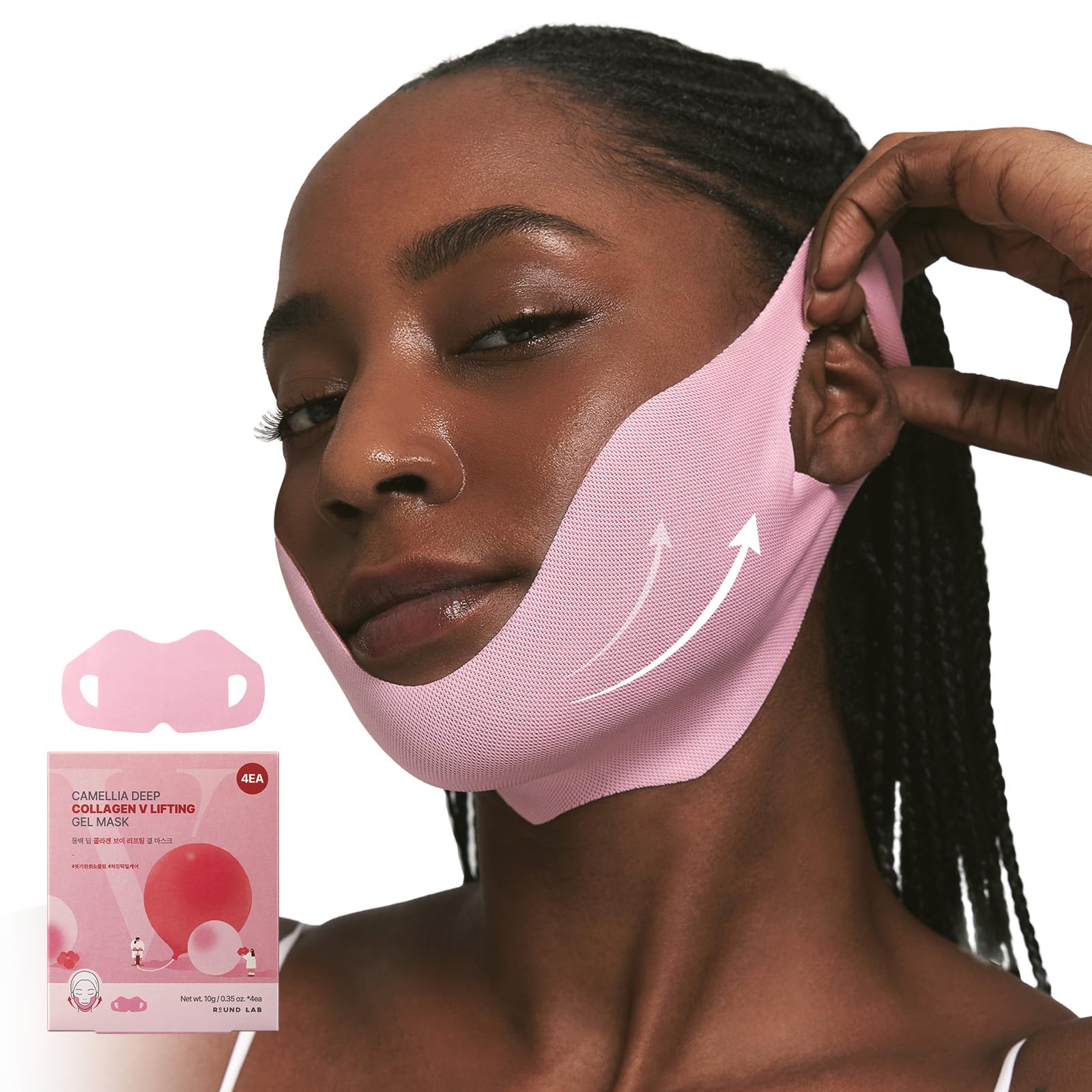 Round Lab Camellia Deep Collagen V Lifting Mask close-up shows hydrogel texture for cooling depuffing